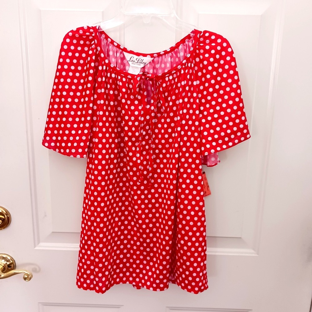 Vintage Leo Paley Red White Polka Dot Top Blouse Tie Size Small New